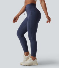High Waisted Drawstring Houndstooth Tapered Yoga Leggings with Pockets
