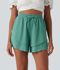 High Waisted Drawstring Layered Ruffle Hem Shorts 5'' with Pockets