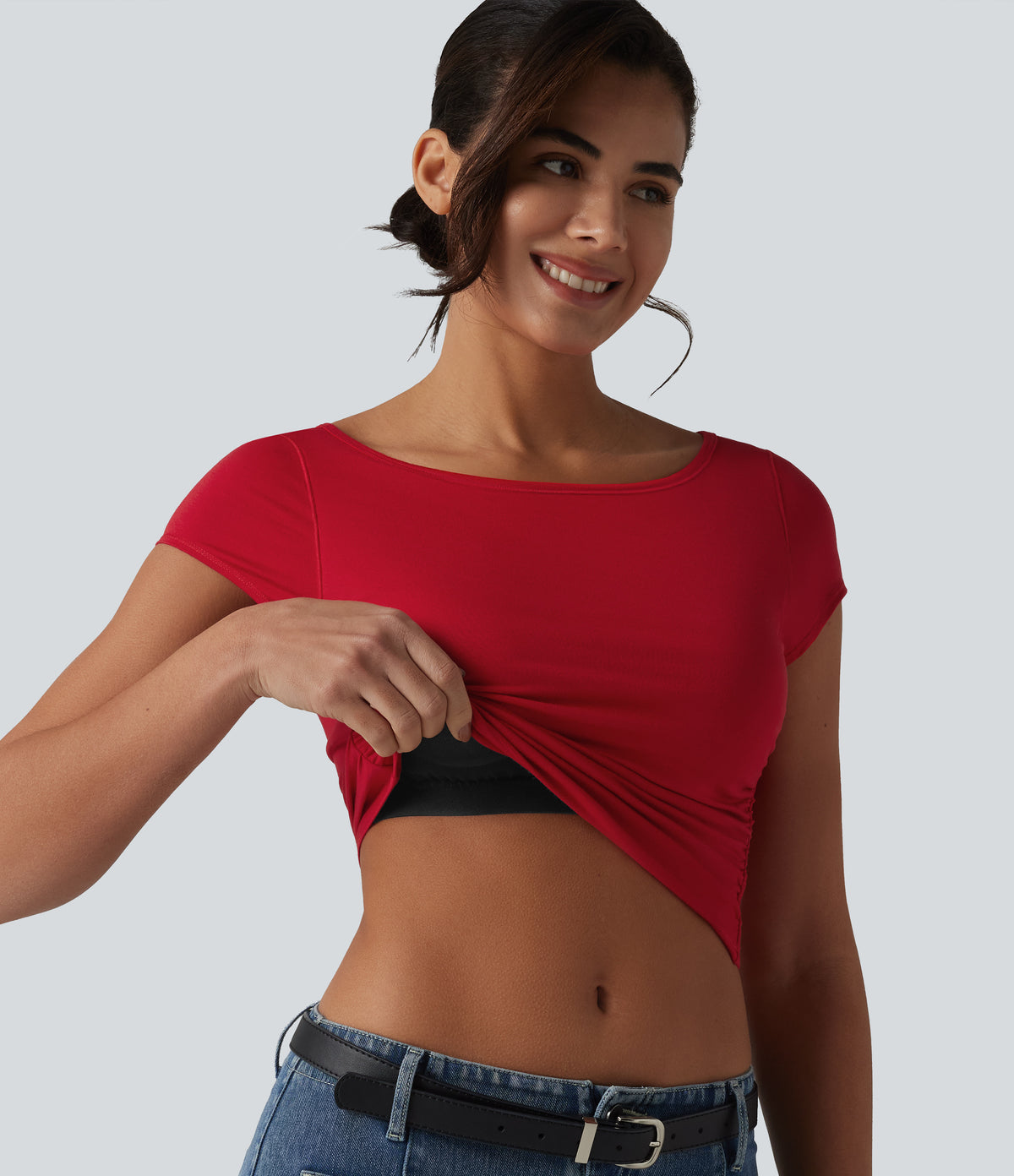 Boat Neck Short Sleeve Built-in Bra Ruched Cropped Casual T-Shirt