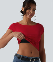 Boat Neck Short Sleeve Built-in Bra Ruched Cropped Casual T-Shirt