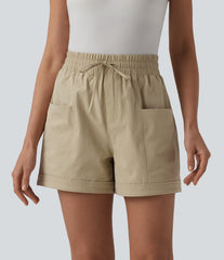 Mid Rise Drawstring Stretchy Poplin Casual Baggy Shorts with Pockets