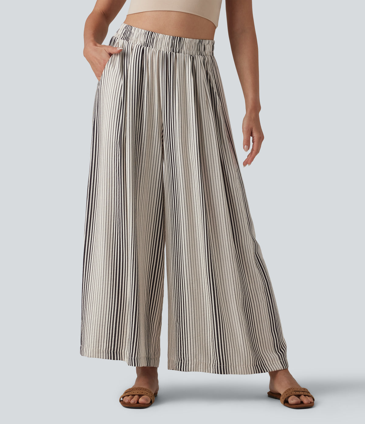 High Waisted Stripes 7/8 Resort Baggy Pants with Pockets
