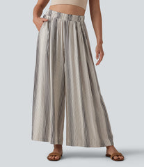 High Waisted Stripes 7/8 Resort Baggy Pants with Pockets