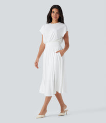 Tummy Control Batwing Sleeve Flowy Midi Work Dress with Pockets