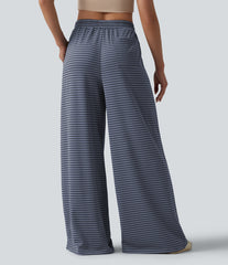 Ribbed Knit Stripes High Waisted Drawstring Casual Baggy Pants with Pockets