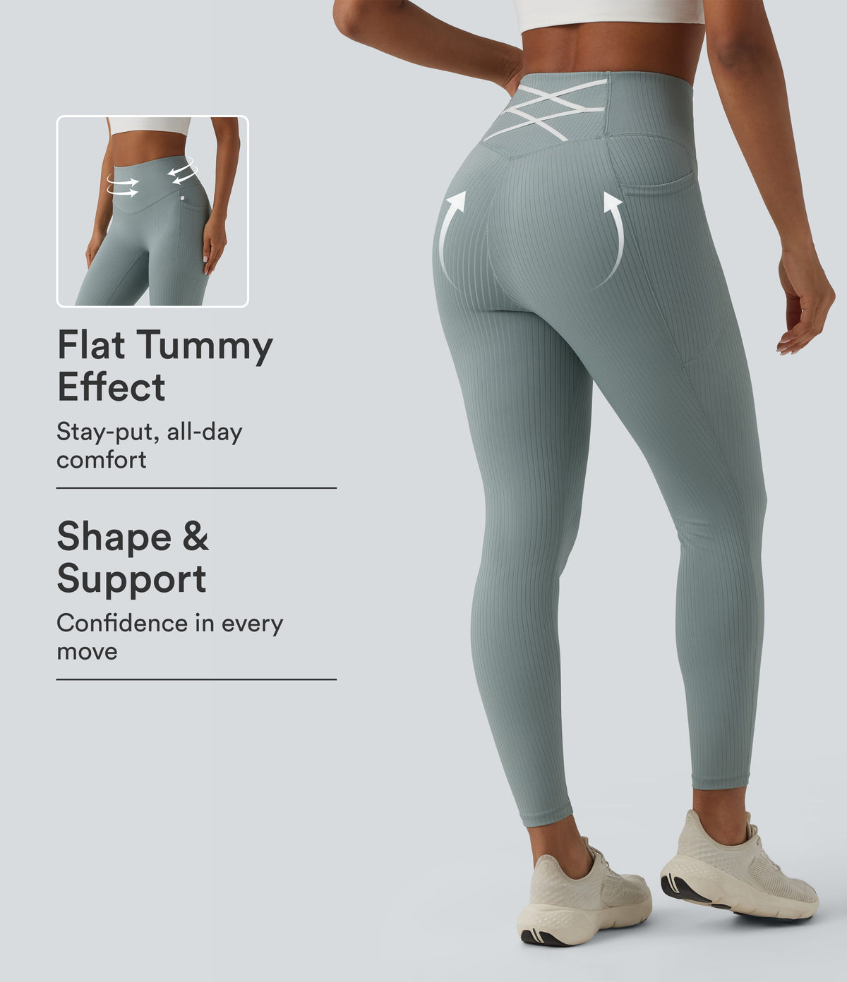 Ribbed Knit High Waisted Tummy Control Workout Leggings with Pockets