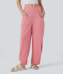 High Waisted Pocket Barrel Leg Casual Linen-Feel Pants