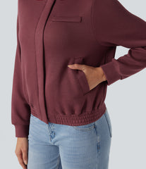 SpacerTek™ Rounded Neck Long Sleeve Casual Bomber Jacket with Pockets