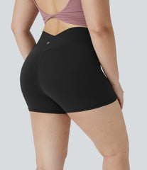 SoftlyZero™ High Waisted Crossover Plain Yoga Plus Size Biker Shorts 3''-UPF50+