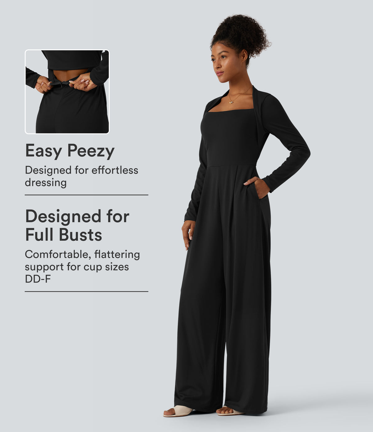 Long Sleeve Built-in Bra Wide Leg Jumpsuit with Pockets-Easy Peezy Edition DD-F Cups