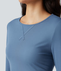 Round Neck Long Sleeve Thumb Hole Waffle Casual T-Shirt