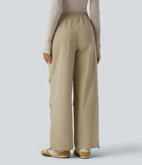 Mid Rise Drawstring Ruched Baggy Stretchy Poplin Casual Parachute Pants with Pockets