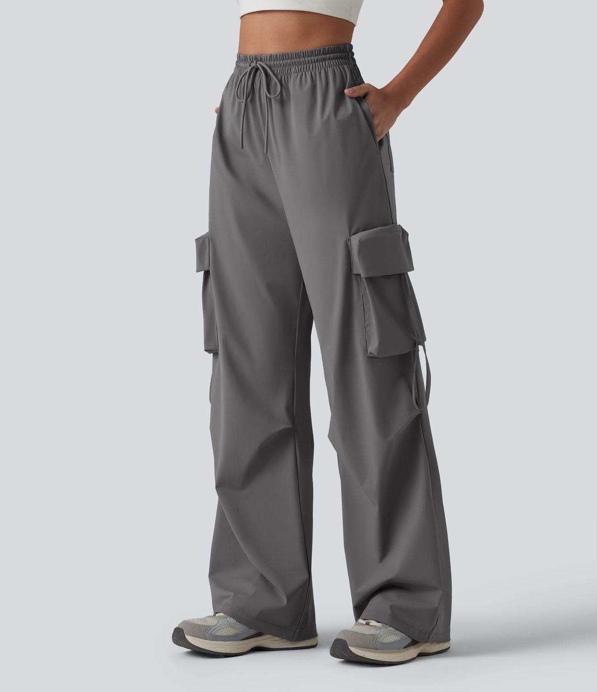 High Waisted Drawstring Quick Dry InstantCool Workout Straight Leg Cargo Pants with Pockets-UPF40+