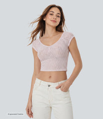 Sweetheart Neck Short Sleeve Lace Cropped Casual T-Shirt