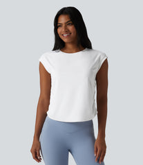 SoftlyZero™ QuickDry Round Neck Cap Sleeve Ruched Curved Hem Yoga Sports Top