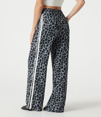 High Waisted Baggy Color Block Leopard Print Waffle Casual Pants with Pockets