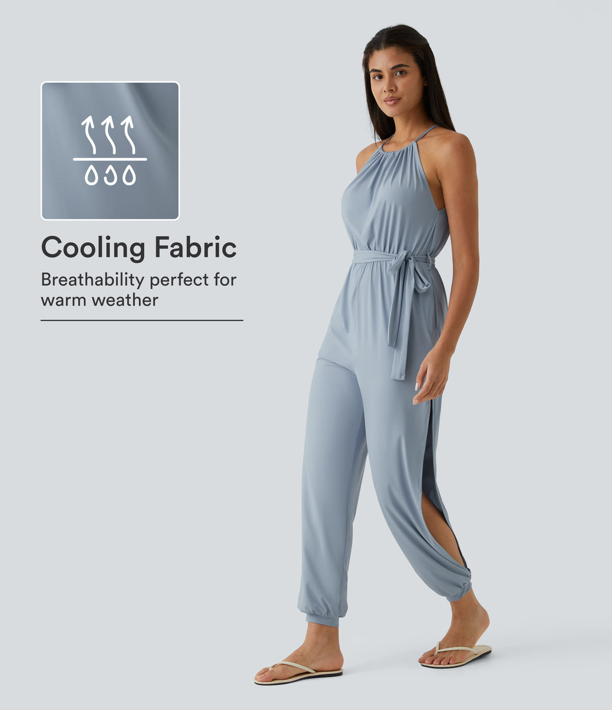 Sleeveless Tie Back Belted Pocket Cut Out InstantCool Jumpsuit-UPF50+