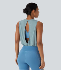 Sheer Mesh Cut Out Drawstring Hem Running Tank Top