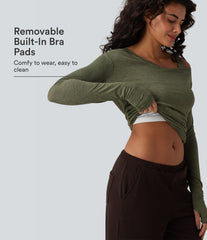 One-Shoulder Long Sleeve Ruched Built-in Bra Casual Heathered Top