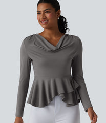 Cowl Neck Long Sleeve Ruffle Hem Work T-Shirt