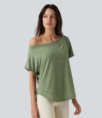 One-Shoulder Short Sleeve Curved Hem High Low Built-in Bra Casual Heathered Top