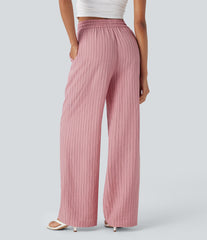 High Waisted Drawstring Wide Leg Baggy Stripe Casual Linen-Feel Pants with Pockets