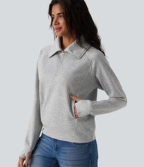 Lapel Half Zipper Long Sleeve Thumb Holes Casual Sweatshirt with Pockets