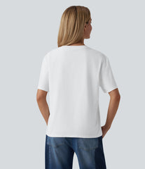 Round Neck Short Sleeve Oversize Casual Cotton T-Shirt with Pocket