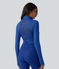 SoftlyZero™ Plush Stand Collar Long Sleeve Thumb Holes Twisted Back Breathable Mesh Yoga Jacket with Pockets