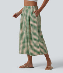Mid Rise Plaid Cropped Casual Baggy Pants with Pockets