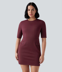 Round Neck Half Sleeve Longer Mini Work Dress with Pockets