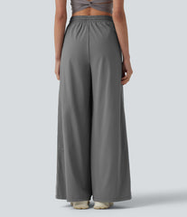 High Waisted Drawstring Wide Leg Stripe Quick Dry InstantCool Running Pants with Pockets-UPF40+