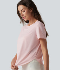 Round Neck Short Sleeve Curved Hem Breathable Mesh Hiking Sports Top