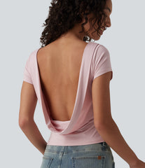 Boat Neck Short Sleeve Cowl Back Casual T-Shirt
