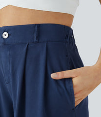 High Waisted Zipper Pocket Hem Wide Leg Casual Pants