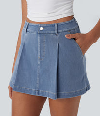 Halara Flex™ High Waisted 2-in-1 Washed Stretchy Knit Denim Casual A-line Skort with Pockets