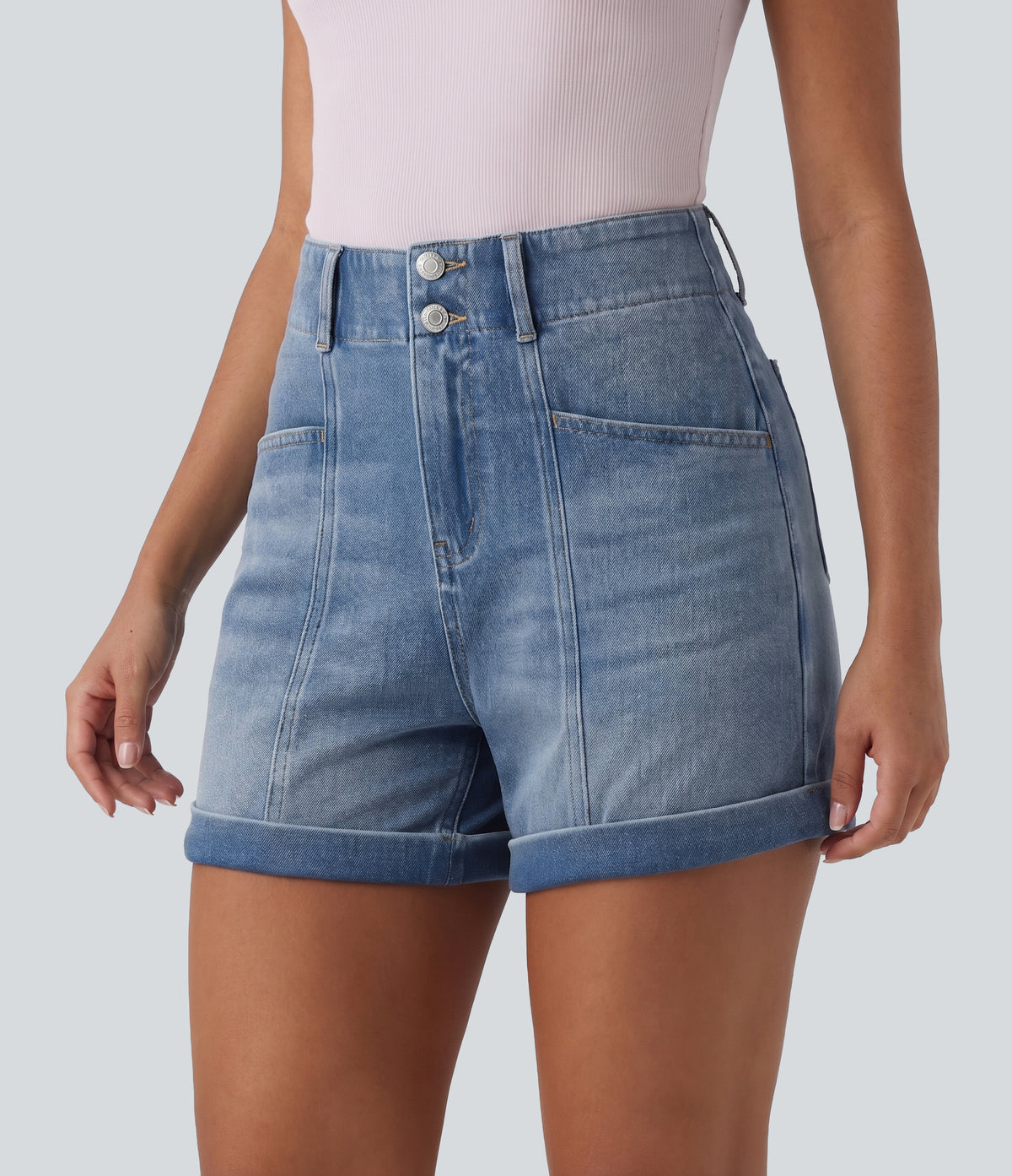 Halara Flex™ High Waisted Rolled Hem Denim Casual Shorts 4'' with Pockets