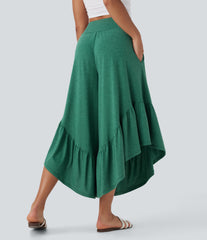 High Waisted Ruffle Hem Casual Pants with Pockets