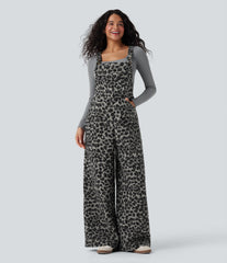Square Neck Leopard Print Teddy Casual Baggy Overalls with Pockets