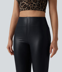 High Waisted Bootcut Stretchy PU Casual Pants with Pockets