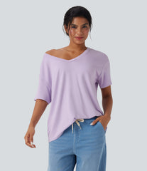 Deep V-neck Short Sleeve Relaxed Casual Top