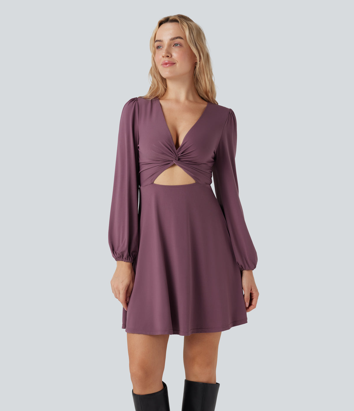 V-neck Cut-out Long Sleeve Zipper Mini Dress