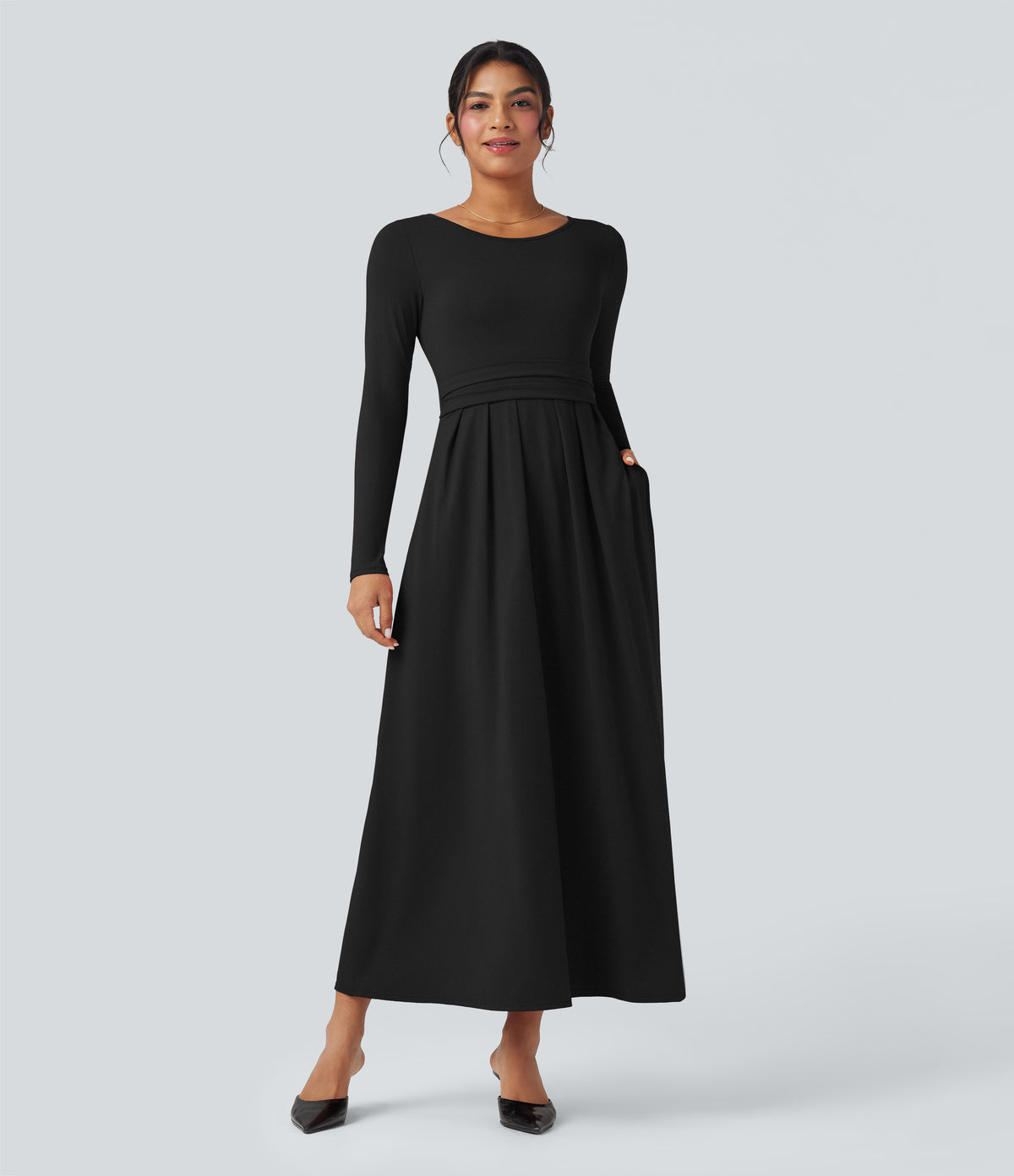 Scoop Neck Long Sleeve Flare Maxi Casual Dress with Pockets