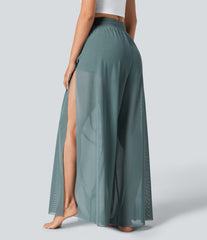 High Waisted Drawstring Contrast Mesh 2-in-1 Pocket Flowy Wide Leg Yoga Pants