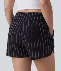Plus Size High Waisted Curved Hem Stripe Casual Shorts with Pockets