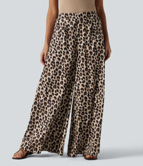 High Waisted Wide Leg Leopard Print Casual Pants with Pockets