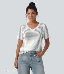 V Neck Short Sleeve Stripe Casual T-Shirt