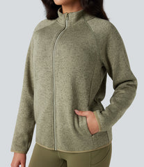 Stand Collar Long Sleeve Zip Fly Hiking Fleece Heathered Jacket with Pockets