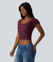 Ribbed Halter Tie Back Built-in Bra Short Sleeve Cropped Casual T-Shirt