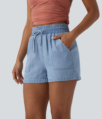 High Waisted Drawstring Frill Trim Draped Denim Casual Baggy Shorts with Pockets